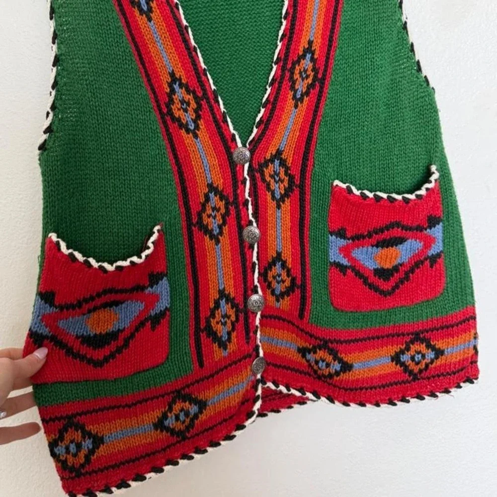 Vintage Southwestern Knit Festival Vest Concho Button Unisex Size S